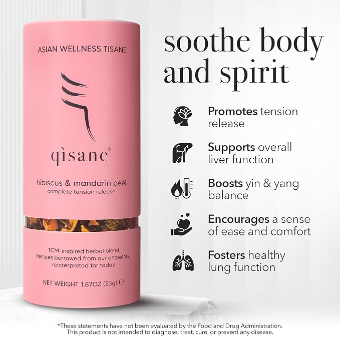 qìsane Organic Hibiscus Tea Bags with Mandarin Peel - Organic Licorice Root, Cassia Seeds - Loose Tea with Tangy Citrus Flavor to Help Support Strain and Tension - 10 sachets (~30 cups)