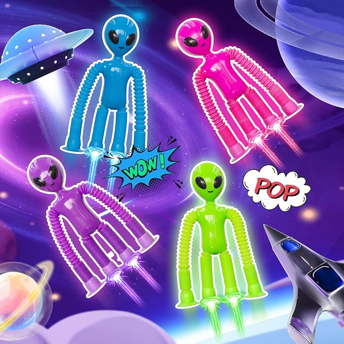 Pop Tubes Alien Fidget Toys for Kids, 4Pack Fidget Toys Telescopic Suction Cup Toy for Stress and Anxiety Relief, Stocking Stuffers Gift for Kids and Toddlers (4 Pack Alien)