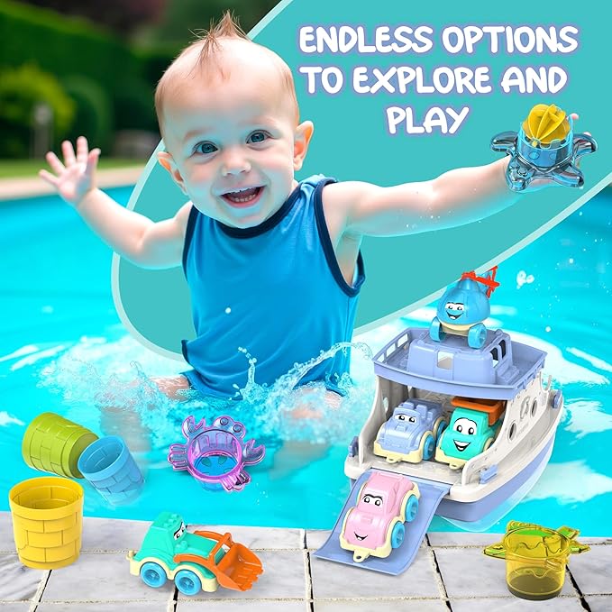 Ferry Fun & Friends – 15pcs & Baby Bath Toys with Ferry Boats, Cars for Bathtub, Trucks, Helicopter, Stacking Cups & Toy Animals, Toddler Bath Toys for 1 Year Old, Toddler Pool Boat Baby Toy