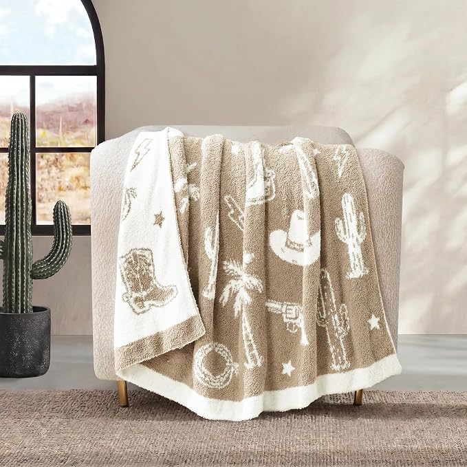 Snuggle Sac Ultra Soft Western Blanket Twin Size - Oversized Reversible Beige Cowgirl Bedding Blanket, Western Pattern Throw Blankets for Bed, Sofa, Couch, 60x80 inches