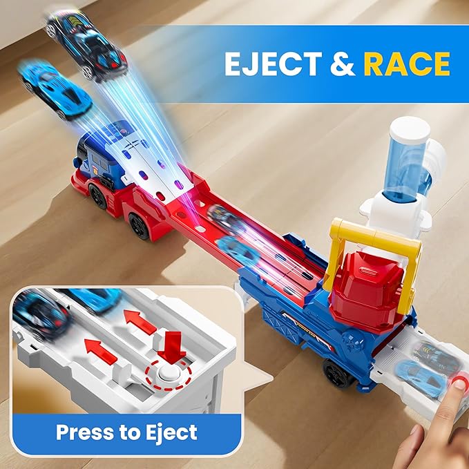 iPlay, iLearn Kids Launching Truck Toys for Boys Ages 3-5, Toddler Track Toy, 4 Mini Diecast Race Cars, Balls Shooting Game, Large Light Sound Carrier Train, Birthday Gifts for 4-6 7 8 9 Yrs Old Child