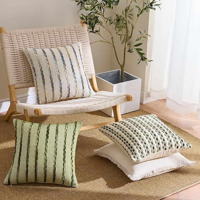 ANRODUO Boho Decorative Throw Pillow Covers Cream Olive 18x18 Inch Set of 2 | Chenille Tufted Pillow Covers, Woven Throw Pillow Covers with Raised Stripes, Neutral Pillowcase for Couch Sofa Living Room