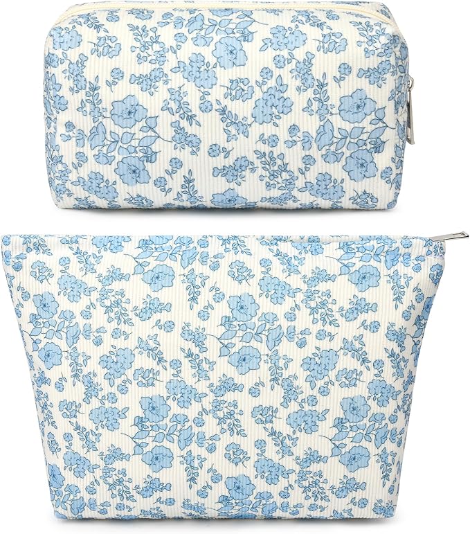 SOIDRAM 2 Pcs Makeup Bag Large Cosmetic Bag Toiletry Bag Makeup Pouch Travel Bag Organizer Cute Makeup Brushes Aesthetic Accessories Storage Bag for Women Blue Floral