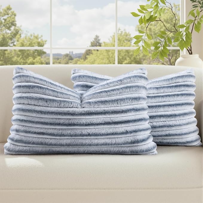 decorUhome Fall Faux Fur Throw Pillow Covers 12x20 Set of 2 Grey White | Decorative Soft Cozy Striped Plush Modern Farmhouse Boho Couch Pillow Cases Velvet Back for Sofa Bed Living Room Home Decor