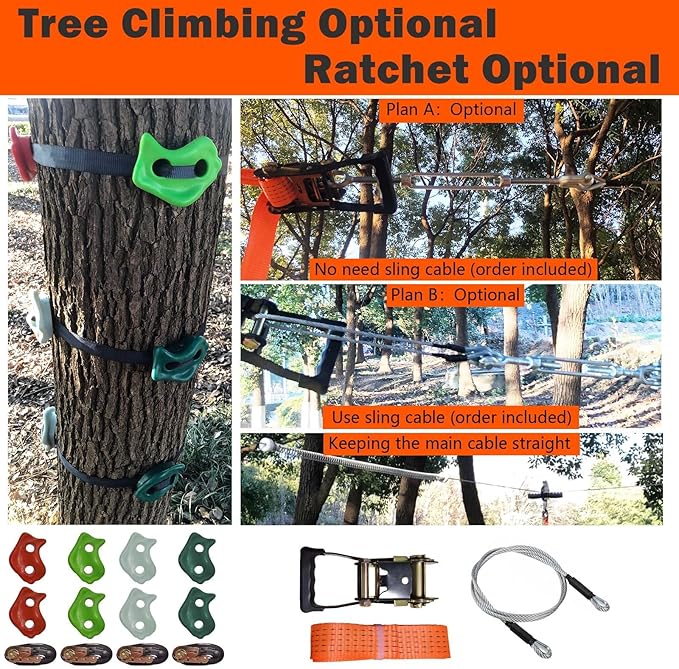 110/130/150/180ft Zipline Kit for Kids and Adults 350Lbs Backyard, Zip Line Stainless Steel Spring Brake, Adjustable Seat, Dual Tightening, Easy Installation Outdoor Adventure Equipment