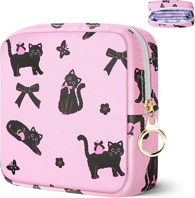 Likesing Tampon Holder for Purse, Canvas Period Bag Sanitary Napkin Storage Bag for Girls Womens, Portable Feminine Emergency Pad Period Pouch(Bow-Tie Black Cat)