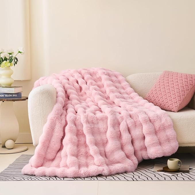 Comelady Soft Fluffy Faux Fur Throw Blanket 50"x60", Bubble Plush Texture | Light Pink Thick Fuzzy Throw, No-Shedding, Aesthetic & Cozy for Couch Bed Room Decor, Warm Gift for Women Girls
