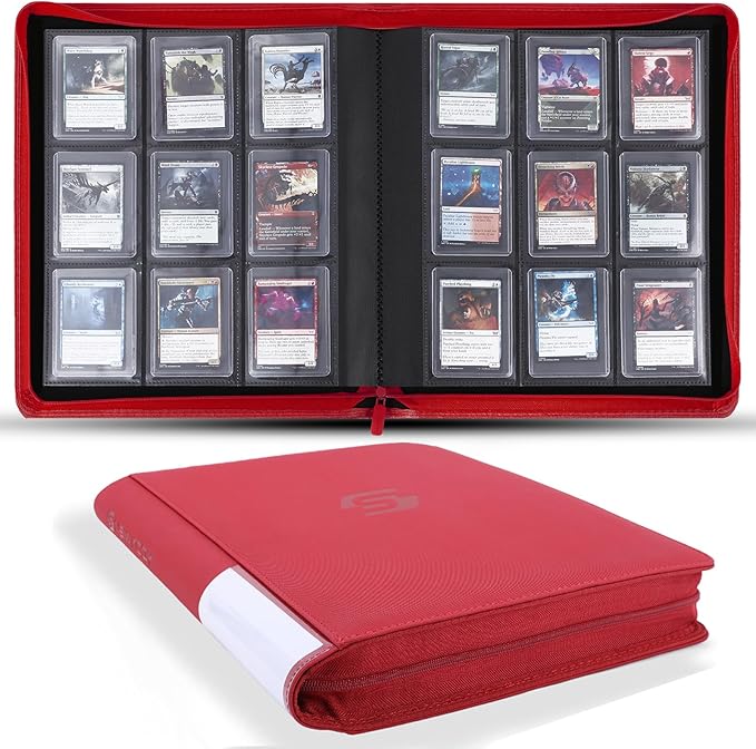 Snekdy Top loader Binder, 9 Pockets Top Loader，Holds 360 Top Loaders cards, Card binder with Sleeves for card in 3 x 4 inches color smooth Zipper PU Leather (Red)