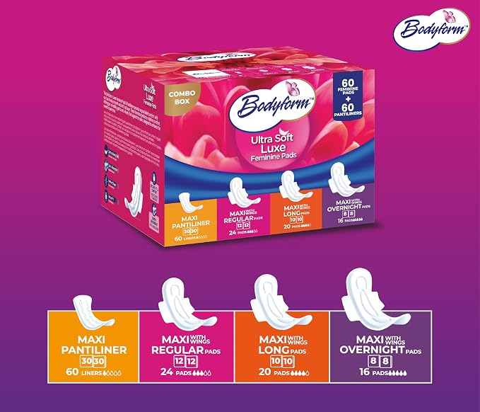Bodyform Luxe Feminine Pads and Pantyliners Combo – 120 Count (60 Pads + 60 Liners), Ultra-Soft, Super Absorbent, Leak Protection, Daily Comfort & Freshness