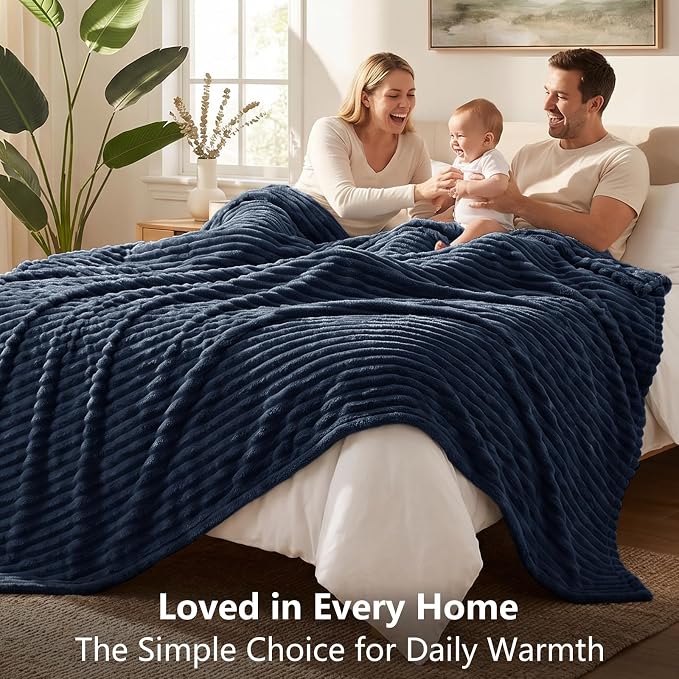 Navy Blue Blankets Queen Size for Bed, 90 x 90 Inch | 300GSM Ribbed Fleece Blanket, Soft, Cozy & Lightweight, OEKO-TEX Certified, All-Season for Bedrooms, Guest Rooms & Gifting