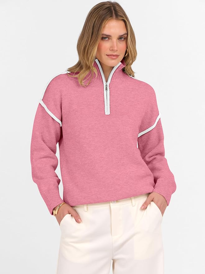 ANRABESS Womens Quarter Zip Sweaters Fall Long Sleeve V Neck Shirts Collared Business Casual Tops Knit Pullover Sweatshirts