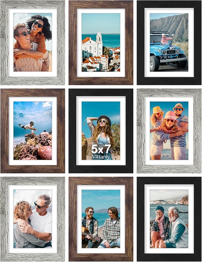 Vittanly 5x7 Picture Frames Set of 9, Wall & Tabletop, Black&Brown&Grey | Display Pictures 4x6 with Mat or 5x7 without Mat, Small Photo Frames, Engineered Wood with Shatter Resistant Plexiglass