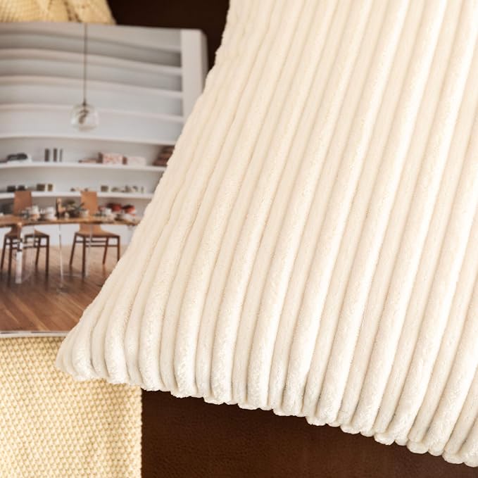 UGASA Corduroy Striped Soft Decorative Throw Pillow Covers Soild Square Set Cushion Cases Pillowcases for Sofa Bedroom, 2 Pcs, 16x16inch, Cream
