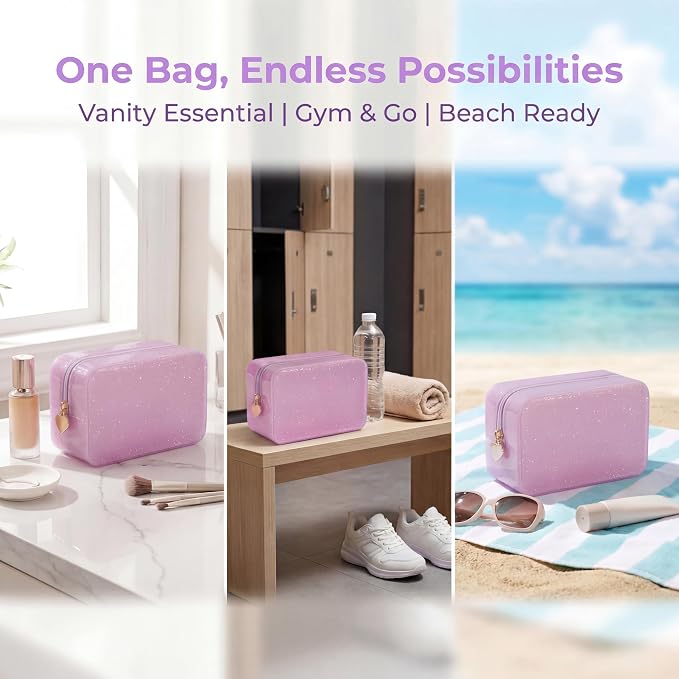 RSRSLEII Stardust Twinkle Jelly Travel Makeup & Toiletry Bag, Waterproof PVC Cosmetic Bag/Case for Women，Zipper SPF Beach Bag for Sunscreen Skincare and Daily Essentials (01Pink)