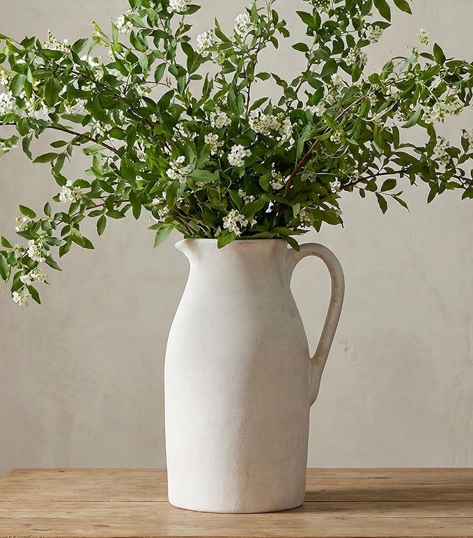 Ceramic Flower Vase with Handles,11" Neutral Tall Clay Beige Terracotta Vases Farmhouse Table Vases with Handle Living Room Decor Rustic Pottery Pots for Home Shelf Coffee Dining Desk Fireplace