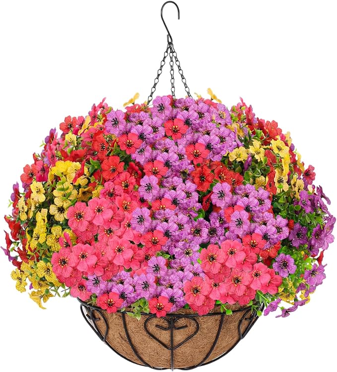 Artificial Hanging Flower for Outdoors(Mixed) | Fake Hanging Basket for Outside,1 Hanging Basket with 13 Pcs Faux Silk Flowers for Porch, Balcony and Patio Decor