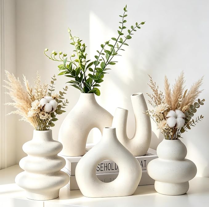 CUCUMI Ceramic Flower Vase Set of 5 Modern Boho Style Decorative Vases | Farmhouse Vases Home Decor, Matte Ceramic Decorations for Living Room, Bookshelf Mantle Entryway Table or Console Décor