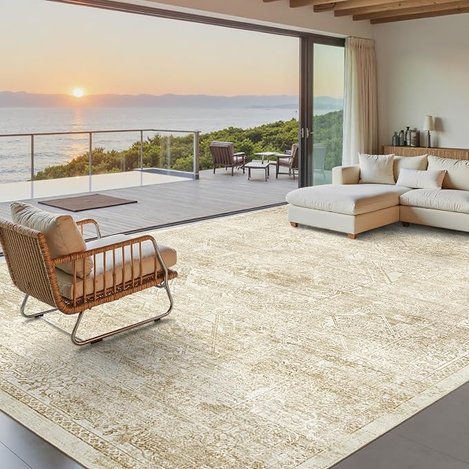 Soalmost Washable Area Rug 9x12 Large Soft Living Room Rugs Beige/Ivory | Farmhouse Vintage Carpet Non-Slip for Dining Bedroom, Stain Resistant Low Pile Foldable Thin Floor Mat Under Table Home Decor