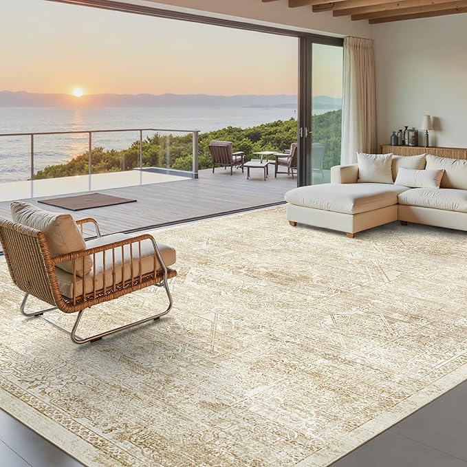 Soalmost Washable Area Rug 10x14 Large Soft Living Room Rugs Beige/Ivory | Farmhouse Vintage Carpet Non-Slip for Dining Bedroom, Stain Resistant Low Pile Foldable Thin Floor Mat Under Table Home Decor