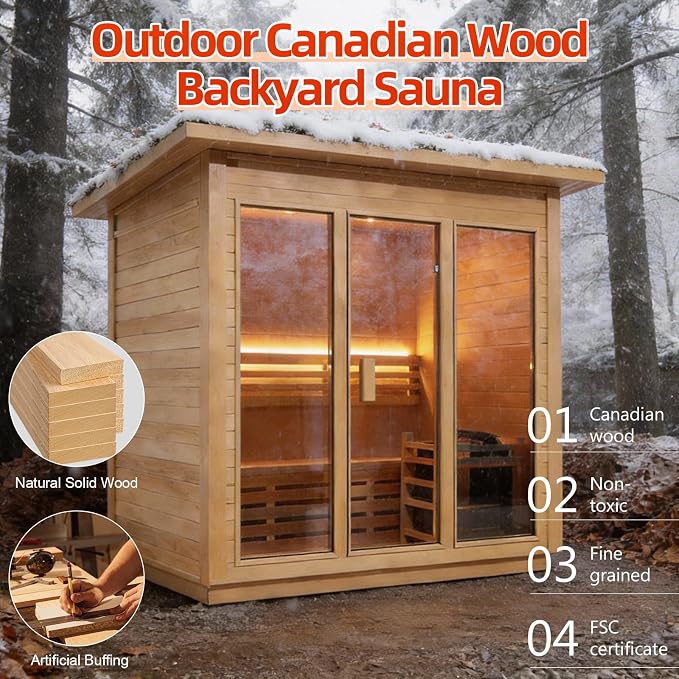 Outdoor Steam Sauna for 3 Person, Canadian Hemlock Sauna Room with 6KW ETL Toule Heater, Traditional Backyard Sauna Spa with Asphalt Shingles, Luxury Sauna Accessories for Home & Garden