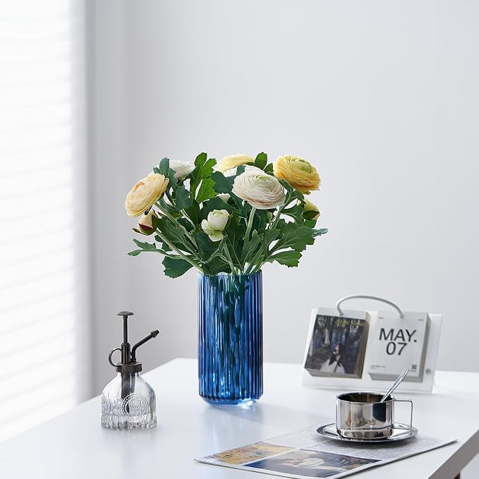 7.5 inch Blue Glass Flower Vase for Pampas Grass, Medium Decorative Centerpiece Ribbed Vase for Dining Table, Office Desktop, Shelf Bookshelf, Mantel, Entryway, Bathroom, Countertop,Gift