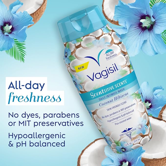 Vagisil Feminine Wash for Intimate Area Hygiene, Scentsitive Scents, pH Balanced and Gynecologist Tested, Coconut Hibiscus, 12 oz (Pack of 3)