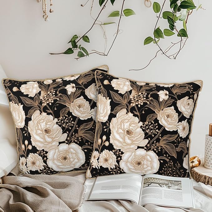 Vintage Peonies Roses Flower Velvet Pillow Covers 16x16 Inch Gold White Aesthetic Floral Leaves Throw Pillows For Couch Cushion Covers Pillowcase Farmhouse Pillow Cases for Sofa Bed Living Room