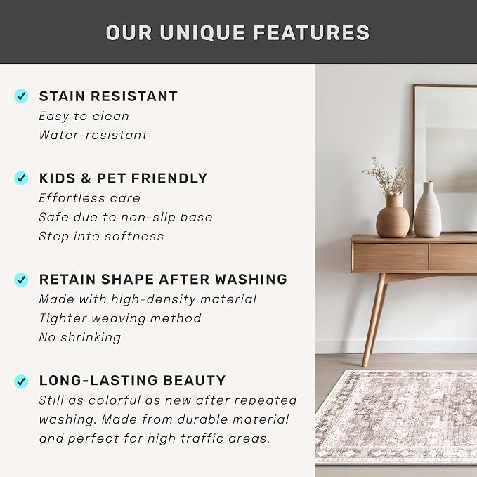 Boho Beige Rug for Living Room - Washable 10x12 Area Rug, Dining Room Rugs for Under Table, Soft Low Pile Carpet for Bedroom - Farmhouse Decor, Non-Slip & Stain Resistance (10x12 Beige/Latte)