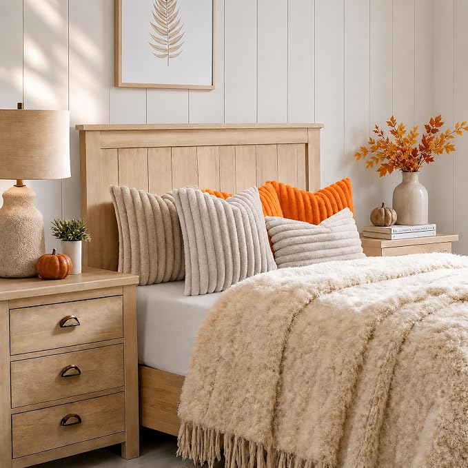 decorUhome Fall Faux Fur Throw Pillow Covers 18x18 Set of 2 Orange | Decorative Soft Cozy Striped Plush Modern Farmhouse Boho Couch Pillow Cases Velvet Back for Sofa Bed Living Room Home Decor