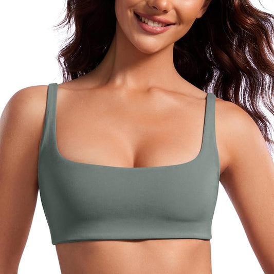 CRZ YOGA Butterluxe Square Neck Spaghetti Strap Sports Bras for Women - Low Coverage Yoga Wireless Padded Cami Crop Top