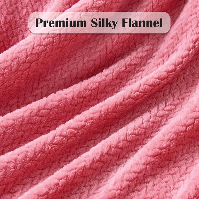 NEWCOSPLAY Fleece Leaves Pattern Queen Blanket, Coral Pink, 90"x90" | Super Soft Throw Blanket, Lightweight Cozy Bed Sofa Blanket, Premium Silky Flannel Fleece, Travel Blanket for All Season Use