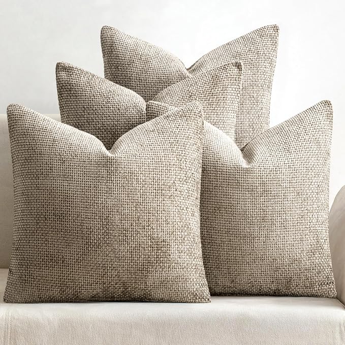MIULEE Soft Decorative Chenille Pillow Covers Khaki 18x18 Pack of 4 | Modern Home Decor, All Same Khaki Color Set, Couch Throw Pillows, Farmhouse Boho Cushion Covers for Sofa Bed Living Room