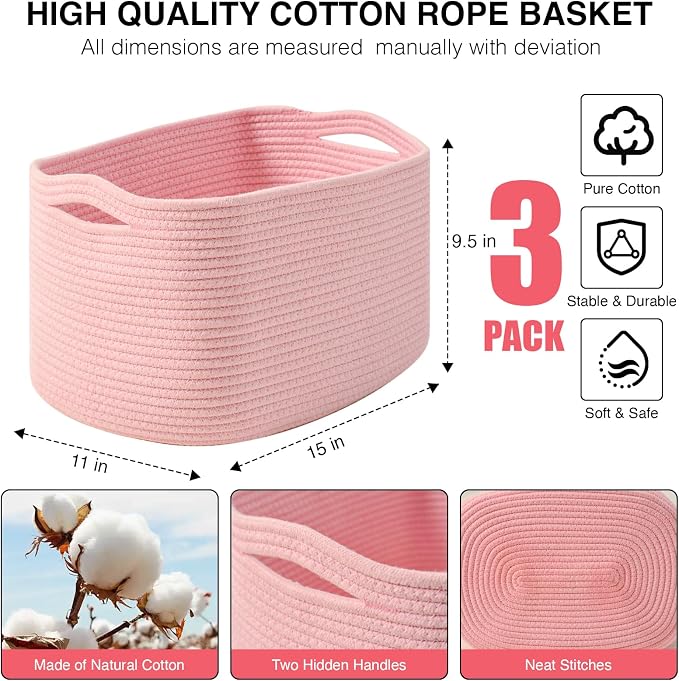 ICERZCZ Storage Baskets for Organizing Shelves, Pink Basket for Nursery, Woven Cotton Rope Baskets for Storage, Towel Basket for Bathroom, 15"x11"x9.5", 3 Packs, Light Pink