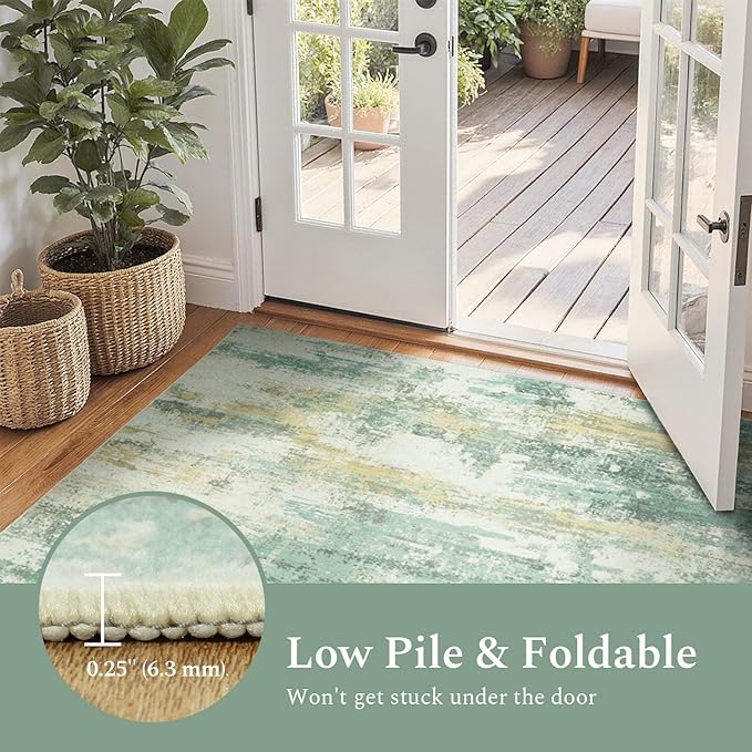 Rugflix 8x10 Area Rugs for Living Room, Washable Light Green Large Rug | Machine Washable; Stain-Resistant; Low Pile; Non-Slip; Modern Abstract; Carpet for Bedroom Dining Office Nursery Home