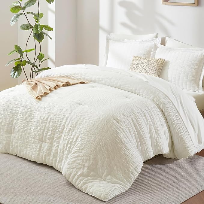 CozyLux King Size Comforter Set Ivory Seersucker 7 Pieces Bed in a Bag King Comforter Set with Sheets, Luxury Soft Bedding Sets with Down Alternative Comforter, Sheets, Pillowcases & Shams All Seasons