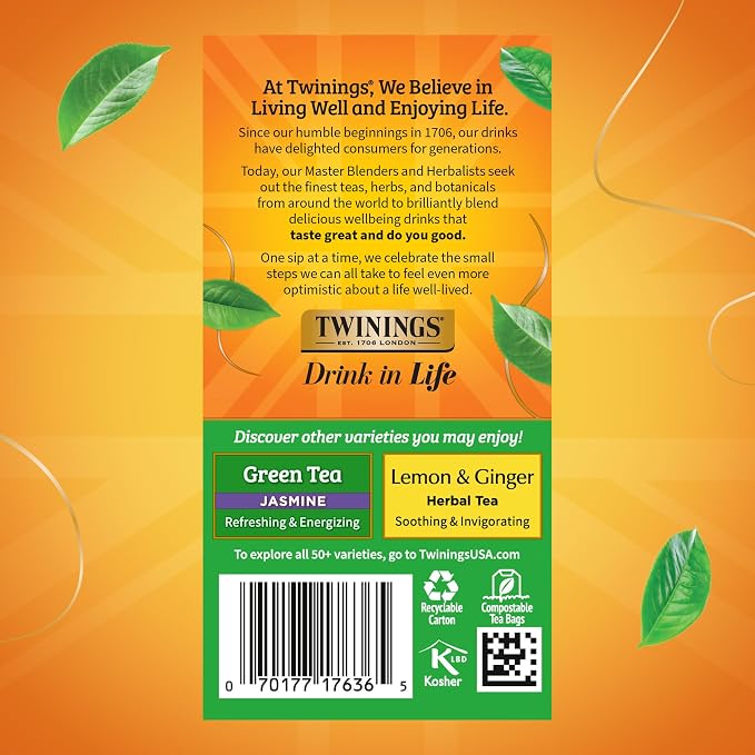 Twinings Pure Green Tea Individually Wrapped Bags, 20 Count (Pack of 6), Smooth Flavour, Enticing Aroma, Caffeinated, Enjoy Hot or Iced, 120 Teabags