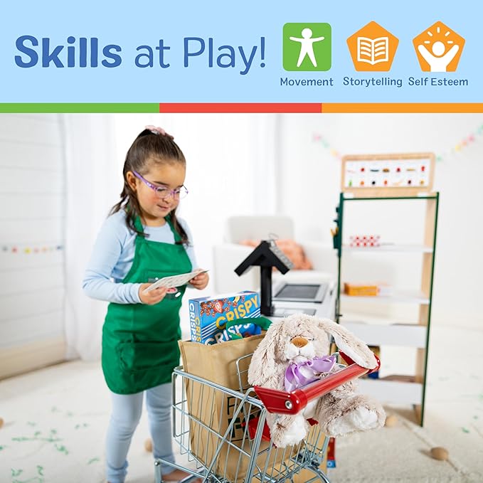Melissa & Doug Toy Shopping Cart, Grocery Store Pretend Play Toys with Sturdy Metal Frame & Working Wheels, Toddler Shopping Cart, Preschool Learning Toys for Girls & Boys 3+