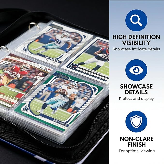 HBK Football Card Binder 400 Pockets, 3-Ring Sports Trading Card Holder with Zipper, Waterproof PU Leather Collector Album with 50 Removable Sheets for Standard Cards