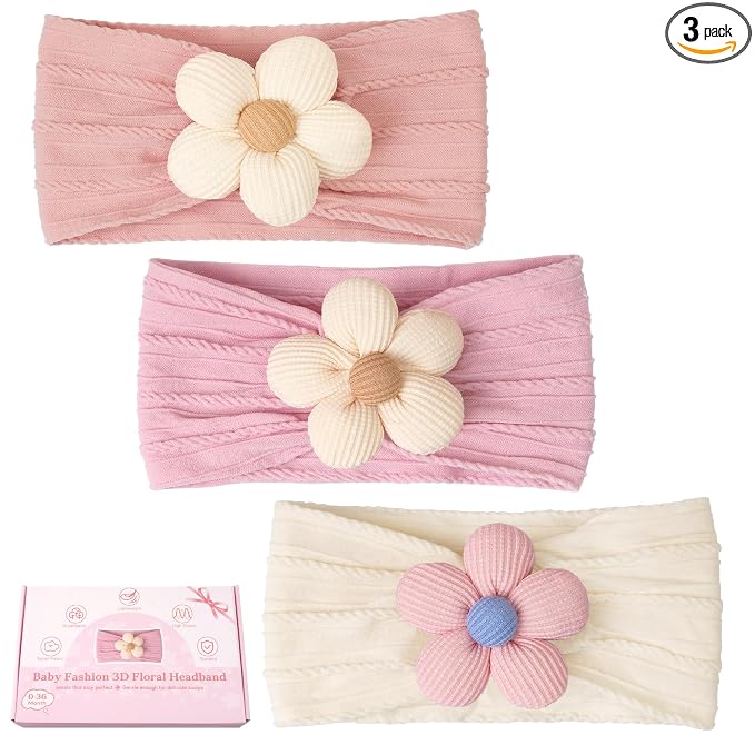 CÉLLOT 3 Pcs Baby Girl Headbands with Flower Nylon Headbands Soft Stretchy Headwear Hair Accessories for Newborn Infant Toddler Kids (Pink Beige Salmon)