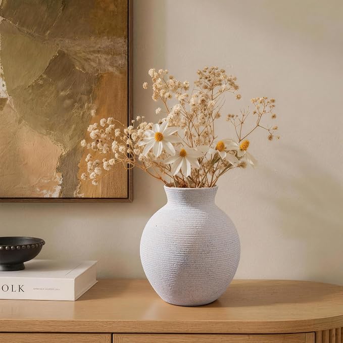 Ceramic Flower Vase Home Decor, 6 in Farmhouse Table White Vases Rustic Vintage Living Room Kitchen Bedroom Decorations Pottery Decorative Vases for House Shelf Office Coffee Desk Dining Fireplace
