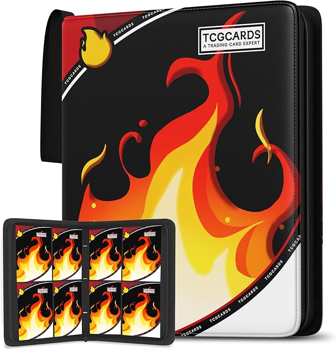 Trading Card Binder 4 Pocket, Card Binder 400 Pockels Card Book Holder Cards with 50 Removable Sleeves, 3-RingZip Design MTG/TCG/Sport Collectible Trading Card Albums Gifls for Boys and Girls (Fire）