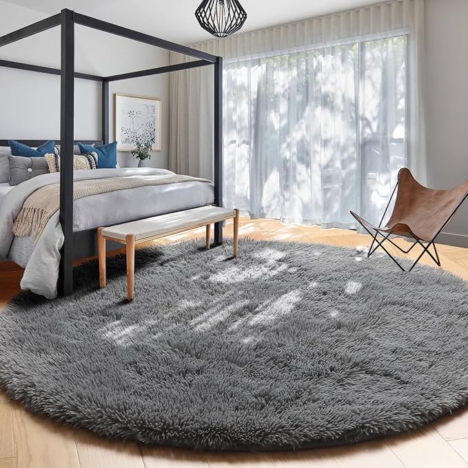 Amdrebio Grey Round Rugs 6Ft for Bedroom Living Room Decor, Fluffy Shaggy Circle Area Rug for Kids Room Classroom Playroom, Large Furry Floor Circular Gray Carpet for Teen Girls Boys Nursery Dorm