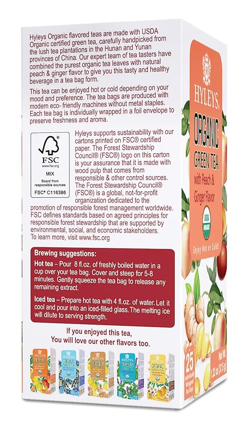 HYLEYS Organic Green Tea, Peach and Ginger Flavor - 25 Individually Wrapped Tea Bags - USDA Organic - Kosher & Vegan