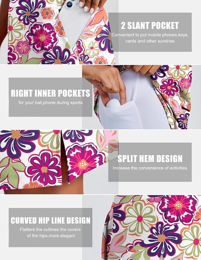 PINSPARK 20" Skorts for Woman Knee Length UPF 50+ Golf Skirts | 4 Pockets, Built-in Shorts, High Waisted, Split Hem, Silky-smooth, Moisture-wicking, for Golf Athletic Tennis Workout Casual