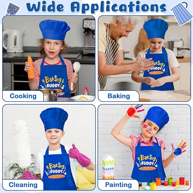 R HORSE 2Pcs Kid Apron and Chef Hat Set, Blue Adjustable Children Kitchen Toddler Apron for Boys, Dress up Role Play Chef Toy Funny Birthday Gift for Kids Cooking Baking Painting