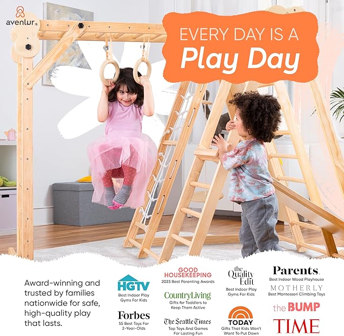 Avenlur 8-in-1 Indoor Play Gym – Toddler Jungle Gym for Kids Ages 2–6 – Indoor Playground Wooden Climbing Playset with Slide, Monkey Bars, Ladder, Rope Ladder, Rock Climbing, Swing, Rings, Disc Swing