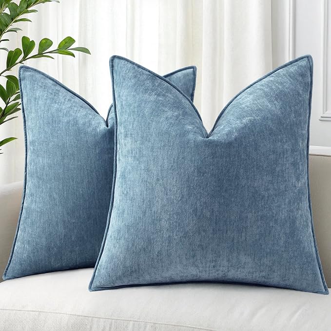 decorUhome Chenille Blue Grey Velvet Throw Pillow Covers 24x24 Set of 2 | Fall Soft Euro Sham Couch Decorative Modern Farmhouse Pillow Cases with Elegant Design for Sofa Bed Living Room Home Decor