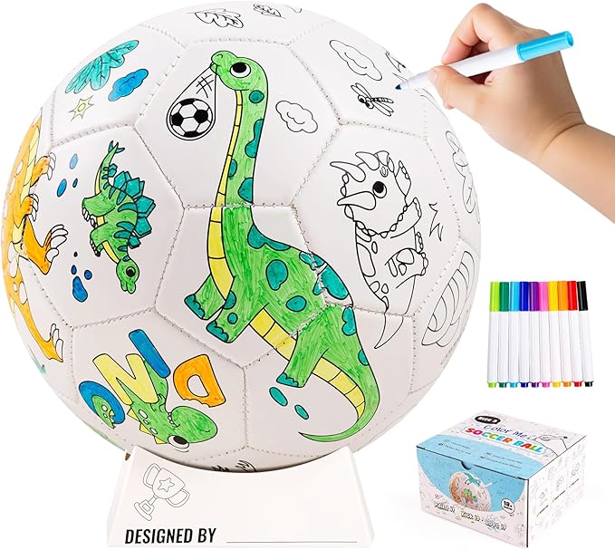 EVERICH TOY Paint Your Own Soccer Ball with Markers, Toddler Arts and Crafts Soccer Gifts, Kids Soccer Ball Size 3 Dinosaur Toys for Boys Girls, Sport Drawing DIY Design Color Play Ball Game with Pump