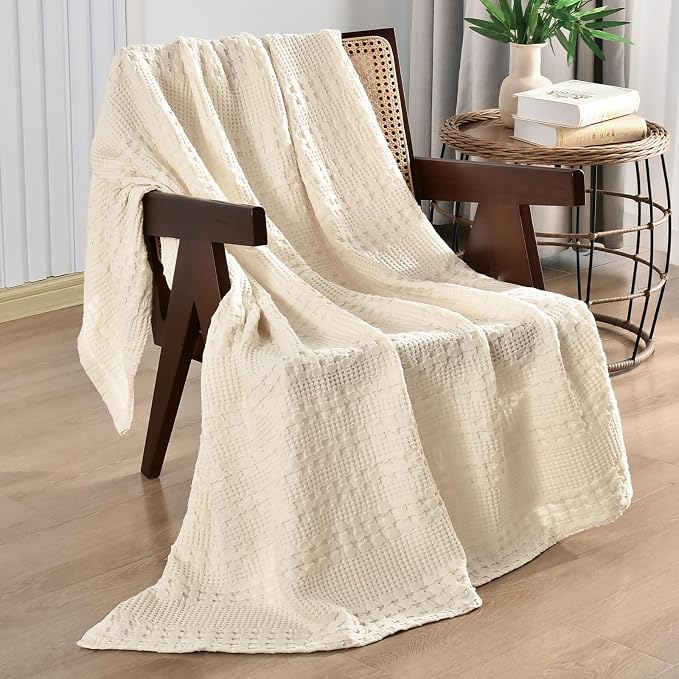PHF 100% Cotton Waffle Weave Throw Blanket, Lightweight Breathable Summer Blanket for Couch Sofa, Pre-Washed Soft Throws for Bed, Office, Travel & Stylish Home Decor, 50"x60", Natural