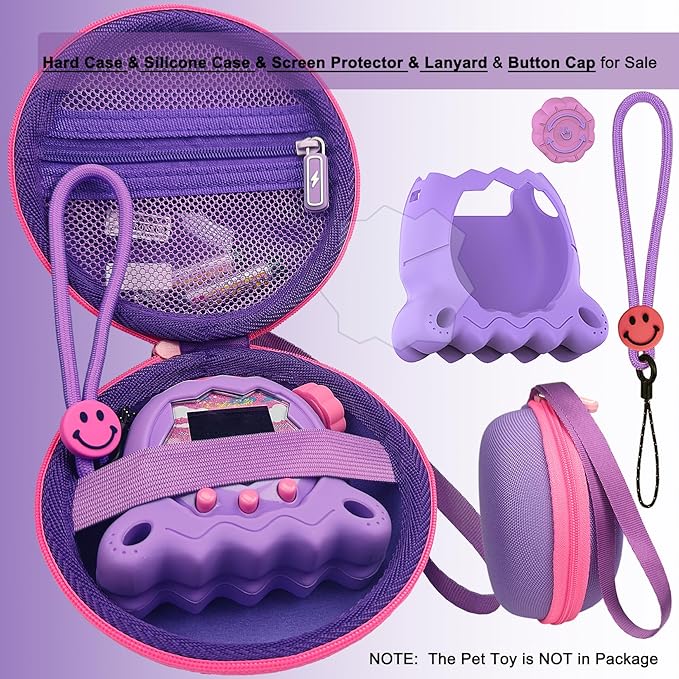 JCHPINE Hard Case and Silicone Cover for Tamagotchi Paradise Electronic Pet, Protective Cases for Tamagotchi Paradise with Screen Protector and Lanyard (Purple)